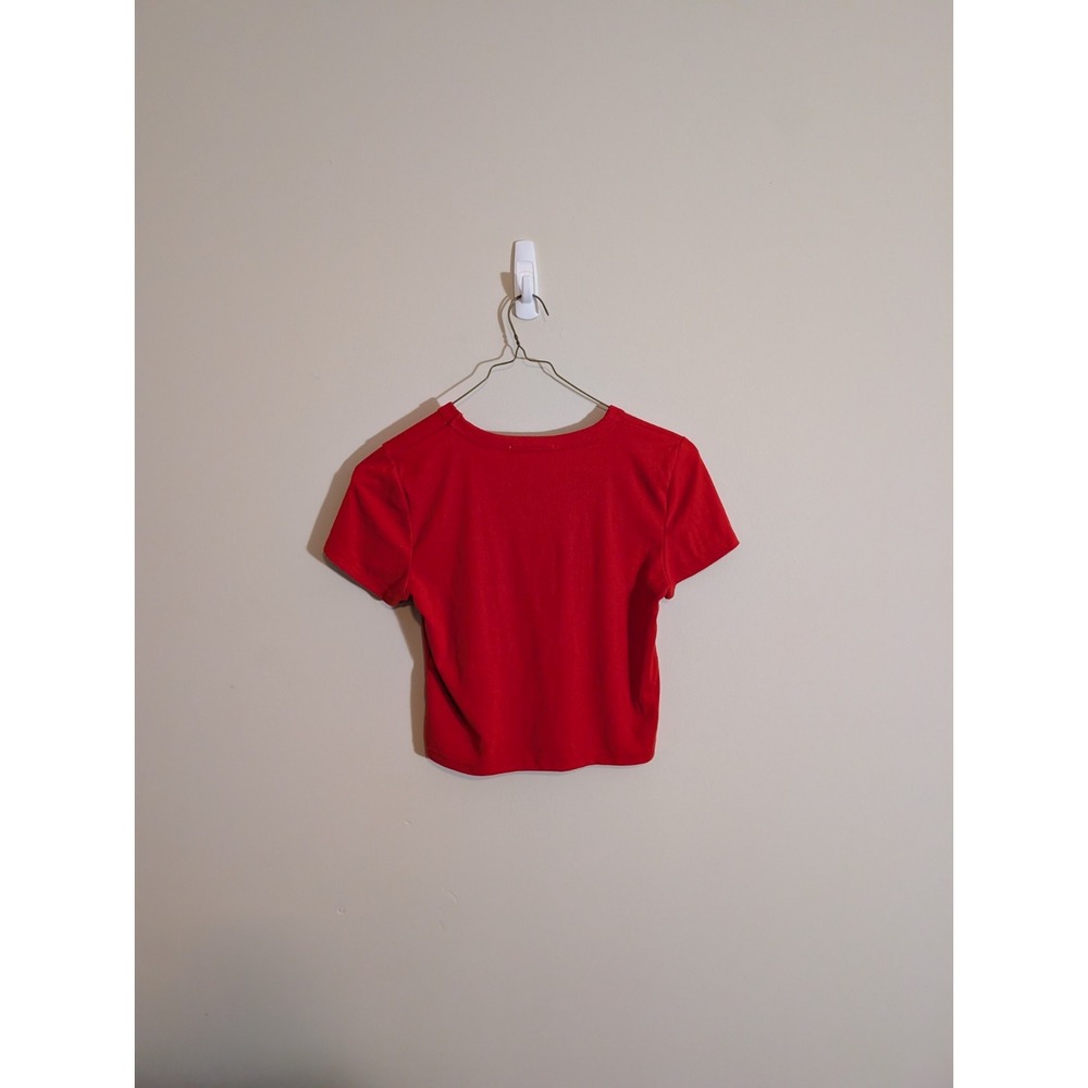 Pink Rose T-Shirt Women's L Red Short Sleeve Crew Neck Knit Solid Crop Top - Picture 3 of 6